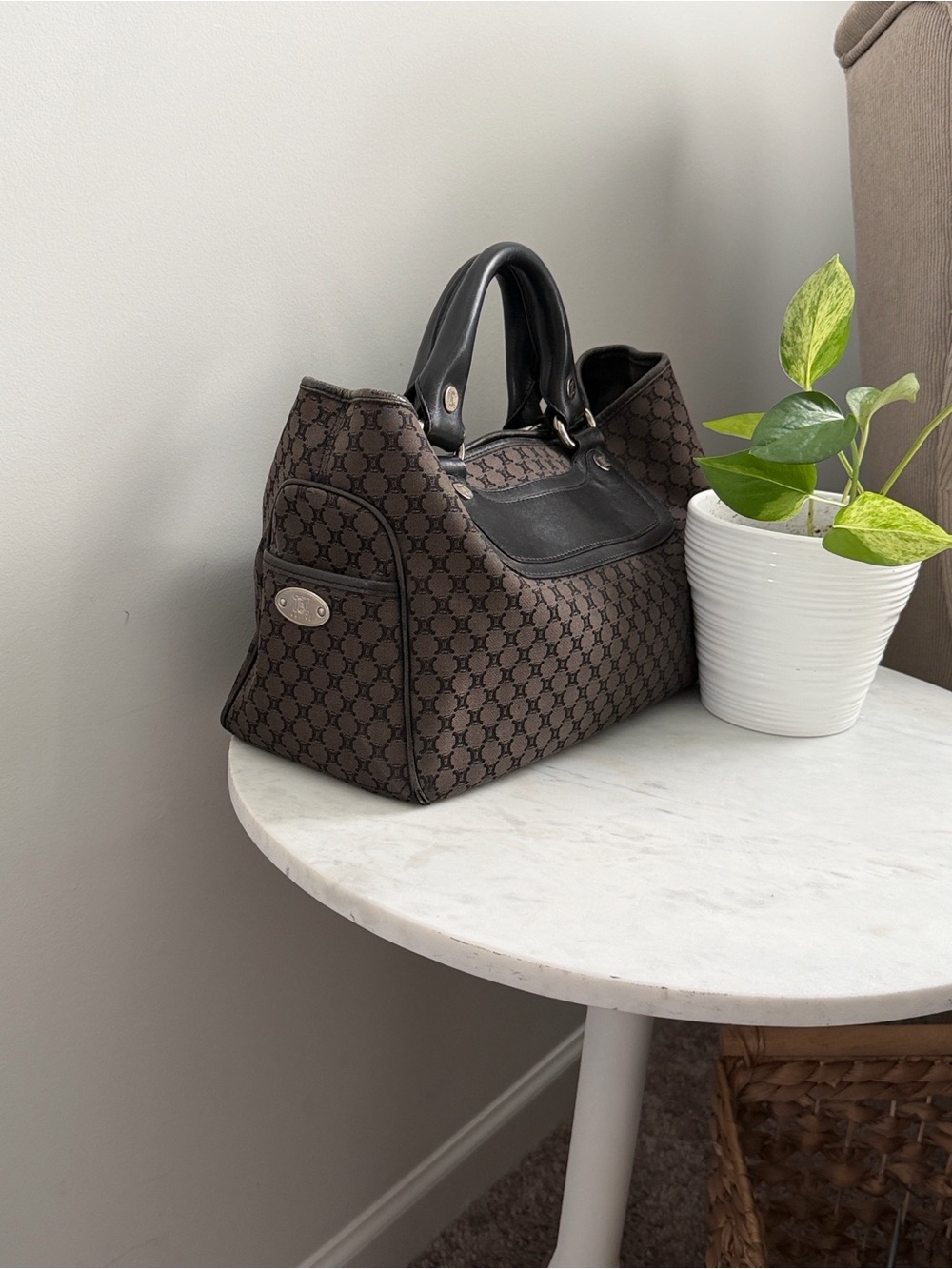 Celine Brown Monogram Canvas Hobo with Black Trim - Picture 6 of 11